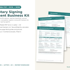 May include: A Notary Signing Agent Business Kit featuring fillable PDF, Excel, and Word documents. The kit includes order confirmations, signing checklists, journal entries, completion reports, and profit trackers for notary signing agents.