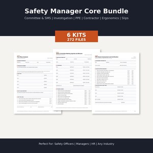 以下が含まれることがあります： 6つのキットと272のファイルを含むSafety Manager Core Bundleというタイトルのデジタルドキュメントバンドル。ディスプレイには、Five Whys Analysis、Safety Committee Meeting Agenda and Minutes、PPE Hazard Assessment and Certificationという3つの白いフォームが表示されています。