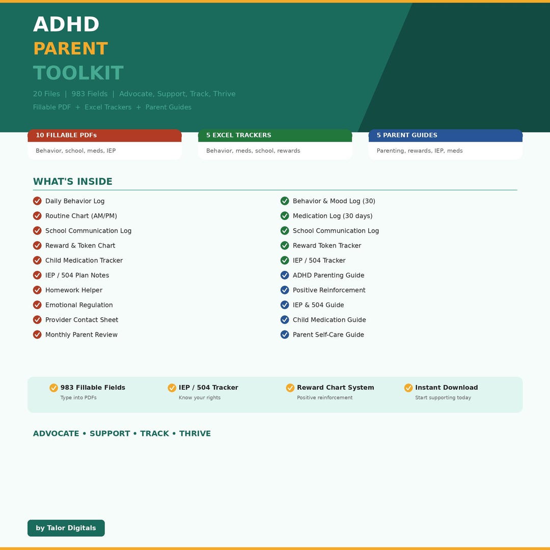 ADHD Parent Toolkit 20 Files | Fillable PDF + Excel | Behavior Log ...