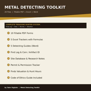 以下が含まれることがあります： 「METAL DETECTING TOOLKIT」と題されたデジタル金属探知ツールキット。 20個のファイル、入力可能なPDF、Excelトラッカー、Wordガイドが含まれています。 また、宝探しシステムも完備しています。