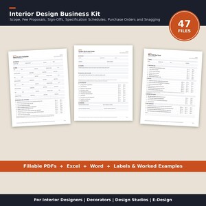 Kit de negocios de diseño de interiores (47 archivos), propuesta de alcance y honorarios (PDF rellenable para aprobación), cronograma de especificaciones, orden de compra, orden de cambio.