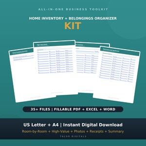 May include: An all-in-one business toolkit home inventory and belongings organizer kit featuring multiple document templates. The pages include sections for home inventory overview, high-value items, and electronics and appliances in a digital format.