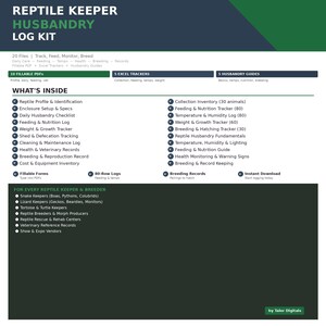 May include: A digital Reptile Keeper Husbandry Log Kit with a green and navy blue design. The kit includes fillable PDFs, Excel trackers, and husbandry guides. It covers reptile profiles, feeding, breeding, and health records. Includes instant download.
