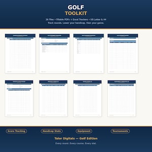 May include: A digital golf toolkit with a dark blue background. The image displays several white sheets with blue headers, labeled for course database, document organizer, equipment inventory, expense tracker, handicap stats, practice log, score log, and tournament log. Text reads "GOLF TOOLKIT".