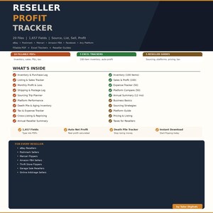 Reseller Profit Tracker 20 Dateien | Ausfüllbares PDF + Excel | Etsy Poshmark Mercari Lagerverkauf Versand Todesstapel Steuerplatform Sourcing
