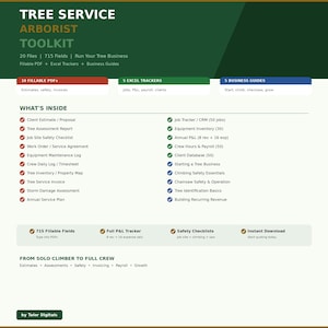Op de afbeelding: Een digitaal toolkit in groen en wit voor boomverzorgingsprofessionals. Het bevat invulbare PDF's, Excel-trackers en zakelijke gidsen. Functies omvatten klantoffertes, jobtrackers en veiligheidschecklists. De tekst luidt: "TREE SERVICE ARBORIST TOOLKIT".