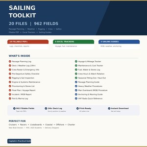 May include: A digital sailing toolkit with 20 files and 962 fields. Includes fillable PDFs, Excel trackers, and sailing guides. Features logs, checklists, voyage trackers, and weather procedures. Print-ready and available for instant download.