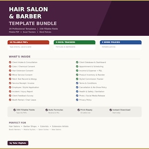 Hair Salon Template Bundle 20 Files | Fillable PDF + Excel | Stylist Forms Color Consent Booth Rental Invoice Barber Shop