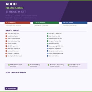 ADHD Medication Health Kit 20 Files | Fillable PDF + Excel | Medication Log Side Effects Sleep Mood Symptom Diary Doctor Prep