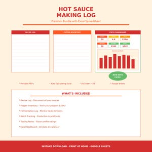 Hot Sauce Recipe Log | Pepper Inventory, Batch Tracker (PDF + Excel)