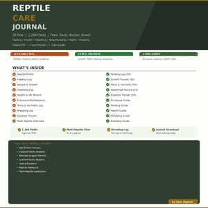 Diario de cuidado de reptiles (20 archivos / PDF rellenable + Excel / Registro de alimentación, crecimiento, muda, temperatura, humedad, salud, veterinario, cría, seguimiento del recinto)