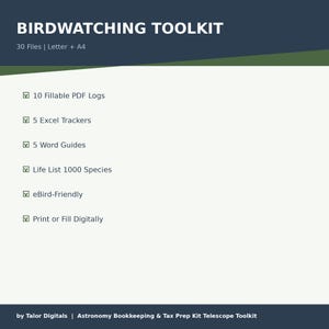 May include: A digital birdwatching toolkit with a dark blue and green header. The toolkit includes 10 fillable PDF logs, 5 Excel trackers, 5 word guides, a life list of 1000 species, and is eBird-friendly. It can be printed or filled digitally.