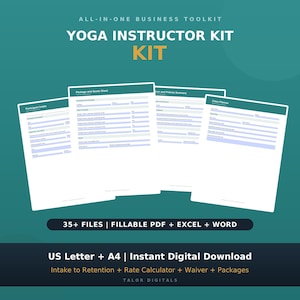 Affärskit för yogainstruktörer | 35 filer Letter + A4 | Intag, dispens, paket, kursplanerare, närvaro, priskalkylator