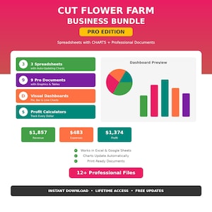 May include: A business bundle graphic with the text "CUT FLOWER FARM BUSINESS BUNDLE PRO EDITION". It includes spreadsheets, documents, and dashboards. The graphic shows revenue, expenses, and profit figures, along with features like auto-updating charts.