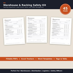 May include: A Warehouse & Racking Safety Kit containing 45 files, including fillable PDFs, Excel trackers, and Word templates. The kit features documents for load capacity verification, racking inspection records, and loading dock safety checklists.