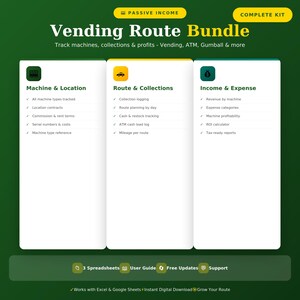May include: A green and white graphic advertising a vending route bundle. The bundle includes spreadsheets, a user guide, and free updates. It tracks machines, collections, and profits for vending, ATM, and gumball machines.