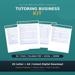 May include: An all-in-one tutoring business kit featuring multiple document templates including a student intake form, baseline assessment, progress tracker, and session plan. The digital files are available in US Letter and A4 sizes.