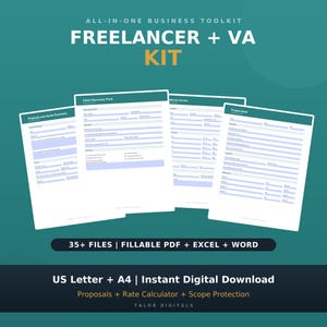 以下が含まれることがあります： Freelancer + VA Kitと題されたデジタルビジネスツールキット。Proposal and Quote Summary、Client Discovery Form、Project Briefを含む4つのドキュメントテンプレートが表示されています。35以上のファイルがPDF、Excel、Word形式で含まれています。
