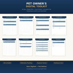 Puede incluir: Un kit de herramientas digital para dueños de mascotas, con 26 archivos, PDF rellenables y rastreadores de Excel. La imagen muestra varios documentos de cuidado de mascotas, incluido un rastreador de alimentación y nutrición, un programa de aseo y un registro de medicamentos. El texto dice "Pet Owner's Digital Toolkit."