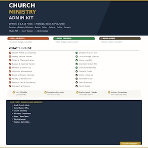 May include: A digital Church Ministry Admin Kit with 20 files, including fillable PDFs, Excel trackers, and admin guides. Features include donation tracking, budget planning, and volunteer management tools. Includes instant download.