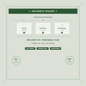 Op de afbeelding: Een groene en witte job search tracker met de tekst "JOB SEARCH TRACKER" bovenaan. De tracker bevat secties voor het volgen van sollicitaties, het voorbereiden van sollicitatiegesprekken en netwerken. Het bevat 50+ afdrukbare bestanden.