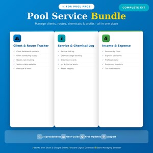 May include: A blue graphic promoting a Pool Service Bundle. The image is divided into three sections: Client & Route Tracker, Service & Chemical Log, and Income & Expense. Text includes "Manage clients, routes, chemicals & profits - all in one place."