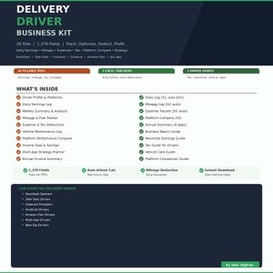 Pode incluir: Um kit de negócios azul escuro e verde para motoristas de entrega. O kit inclui 20 arquivos, 1.379 campos e ferramentas para rastrear, otimizar, deduzir e obter lucro. Possui PDFs preenchíveis, rastreadores Excel e guias para motoristas.