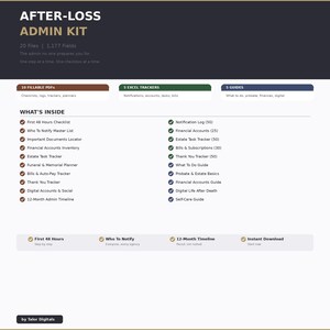 Könnte beinhalten: Ein digitales After-Loss Admin Kit mit 20 Dateien und 1.177 Feldern. Das Kit enthält ausfüllbare PDFs, Excel-Tracker und Anleitungen. Themen sind Checklisten, Finanzkonten, Nachlassaufgaben und digitales Leben nach dem Tod. Das Kit soll bei administrativen Aufgaben nach einem Verlust helfen.