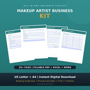 Makeup Artist Business Kit | 35 Files Letter + A4 | Client Intake, Look + Trial Sheet, Booking, Kit Inventory, Pricing Calculator