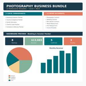 Photography Business Bundle | 17 Templates | Excel Spreadsheets + Word Documents | Photographer Contract Invoice Tracker