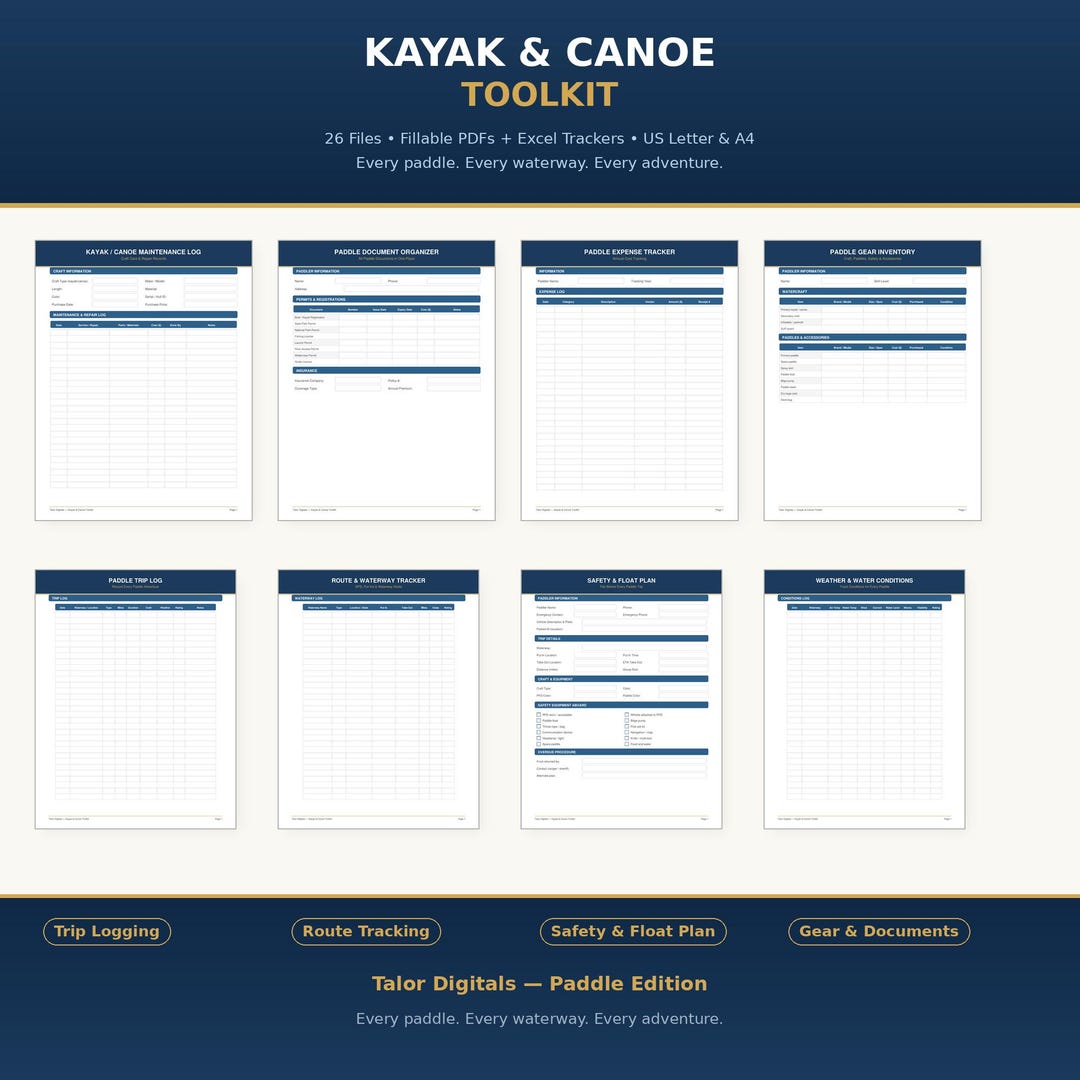 Kayak Inventory Spreadsheet Kayak Canoe Toolkit | Fillable PDF + Excel | Paddle Trip Log, Route ...