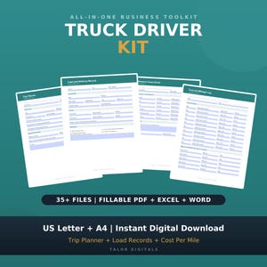 Könnte beinhalten: Ein umfassendes Business-Toolkit für LKW-Fahrer mit verschiedenen Dokumentenvorlagen wie Reiseplaner, Fracht- und Lieferprotokoll sowie Kraftstoff- und Kilometerprotokoll, verfügbar in den Formaten US Letter und A4.