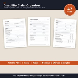 Könnte beinhalten: Ein digitales Set zur Organisation von Invaliditätsansprüchen mit 47 Dateien, darunter ausfüllbare PDFs, Excel- und Word-Dokumente. Das Layout zeigt drei gedruckte Formulare mit den Titeln Claim Overview, Condition and Symptom Record und Key Dates and Deadlines.