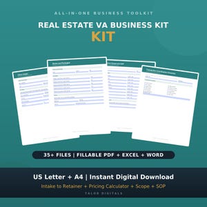 Op de afbeelding: Een digitale zakelijke toolkit voor virtuele assistenten in vastgoed met vier witte documentsjablonen met groenblauwe koppen. De tekst bevat ALL-IN-ONE BUSINESS TOOLKIT, REAL ESTATE VA BUSINESS KIT, 35+ FILES, FILLABLE PDF + EXCEL + WORD.