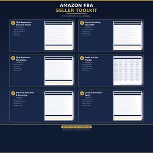 May include: A dark blue graphic with the text "AMAZON FBA SELLER TOOLKIT" and "THE COMPLETE 6-IN-1 BUNDLE". The image displays six sections with titles like "FBA Beginner's Survival Guide" and "Product Listing Checklist". The words "INSTANT DIGITAL DOWNLOAD" are also visible.