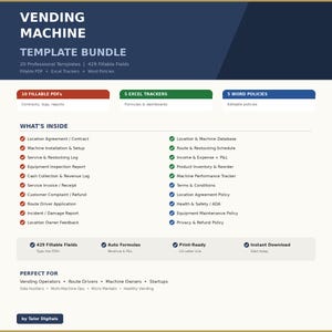 May include: A digital template bundle for vending machines. The image shows a blue and white document titled "VENDING MACHINE TEMPLATE BUNDLE". It includes 20 professional templates, 429 fillable fields, and various trackers and policies. The document is print-ready and available for instant download.