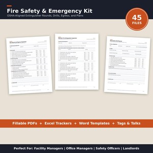 Kit de cumplimiento de seguridad contra incendios (45 archivos), registro de inspección de extintores (PDF rellenable), registro de simulacro de evacuación, permiso de trabajo en caliente, hoja de seguimiento en Excel.
