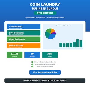 May include: A blue and white graphic for a coin laundry business bundle. The image includes text that reads "COIN LAUNDRY BUSINESS BUNDLE PRO EDITION". It also shows charts, spreadsheets, and documents, with revenue and margin figures.