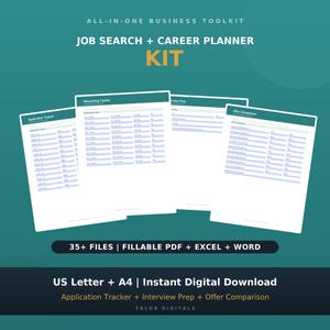 May include: An all-in-one business toolkit job search and career planner kit featuring four white document pages with teal headers. The text includes Application Tracker, Networking Tracker, Interview Prep, and Offer Comparison. Includes 35+ files.