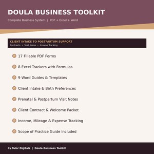Może przedstawiać: Cyfrowy zestaw narzędzi Doula Business Toolkit z kompletnym systemem biznesowym. Zawiera 17 formularzy PDF do wypełnienia, 8 trackerów Excel, 9 przewodników Word, rejestrację klienta, preferencje porodowe i śledzenie dochodów.
