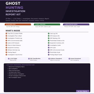 May include: A digital ghost hunting investigation report kit with 20 files and 1,232 fields. Includes fillable PDFs, Excel trackers, and investigator guides. Features case files, EMF data, and photo/video evidence. Designed for paranormal investigation teams.