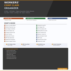 Workers Comp Claim Organizer 20 Files | Fillable PDF + Excel | Injury Report Medical Log Lost Wages IME Prep Appeal Settlement WC