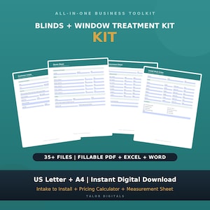 Könnte beinhalten: Ein All-in-One-Business-Toolkit für Jalousien und Fensterdekorationen mit ausfüllbaren PDF-, Excel- und Word-Dateien. Das Set enthält Formulare für Kundenaufnahme, Angebote, Aufmaß und Montageaufträge in den Formaten US Letter und A4.