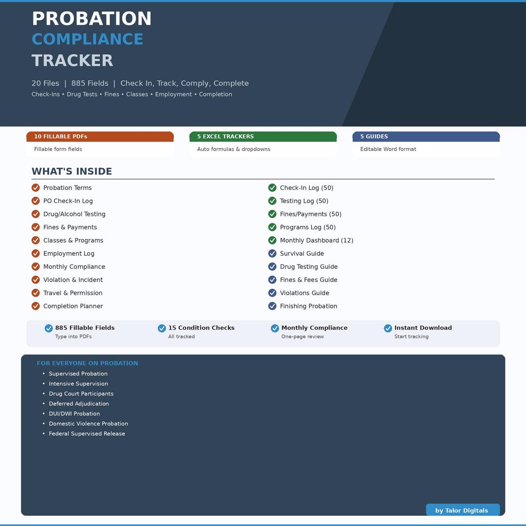 Probation Check In Probation Compliance Tracker 20 Files | Fillable PDF + Excel | Check in ...