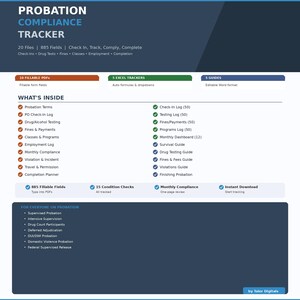 Probation Compliance Tracker 20 Files | Fillable PDF + Excel | Check In Drug Test Fines Payment Classes Employment Monthly Violation