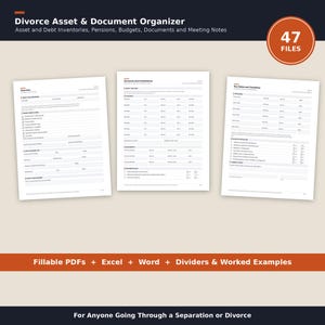 Può includere: Un set per l'organizzazione di documenti e beni in caso di divorzio con 47 file, inclusi PDF compilabili, Excel e Word. I documenti presentano sezioni per panoramica, conti, investimenti e date chiave con caselle di controllo e tabelle.