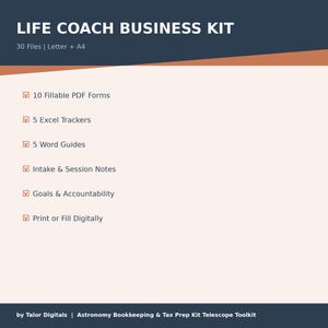 May include: A digital Life Coach Business Kit with the title at the top. The kit includes 10 fillable PDF forms, 5 Excel trackers, 5 Word guides, intake and session notes, goals and accountability tools, and the option to print or fill digitally.
