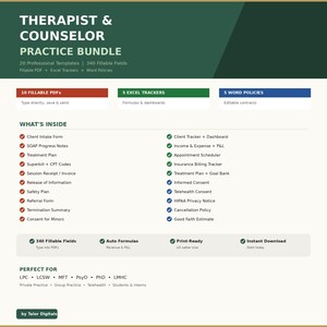 May include: A digital practice bundle for therapists and counselors. Includes 20 professional templates, 340 fillable fields, Excel trackers, and Word policies. Features client intake forms, treatment plans, and financial trackers. Print-ready and instant download.