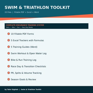 May include: A digital toolkit titled "SWIM & TRIATHLON TOOLKIT" with a teal and orange design. The toolkit includes 20 files, fillable PDFs, Excel trackers, training guides, and logs for swim, bike, and run training, and race day checklists.