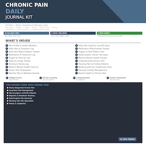 May include: A digital journal kit for chronic pain management. The kit includes fillable PDFs, Excel trackers, and pain guides. Features include pain logs, symptom trackers, medication logs, and mood trackers. The kit is designed for those with chronic pain, fibromyalgia, and migraine.
